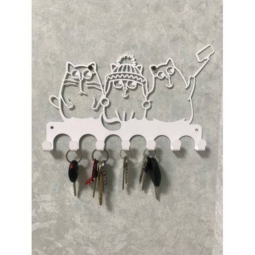 Вешалка-ключница "Три кота", 280*180мм, 7 крючков, металл, цвет белый матовый