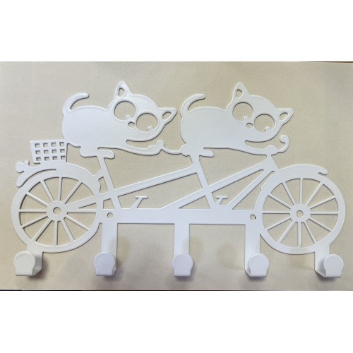 Вешалка-ключница "Котята на велосипеде" 170*300мм, 5 крючков, металл, цвет белый матовый