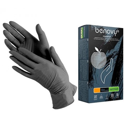 Перчатки нитриловые черные S Benovy Nitrile (Бенови) текстурированные на пальцах, 100 шт, 50 пар, размер М 